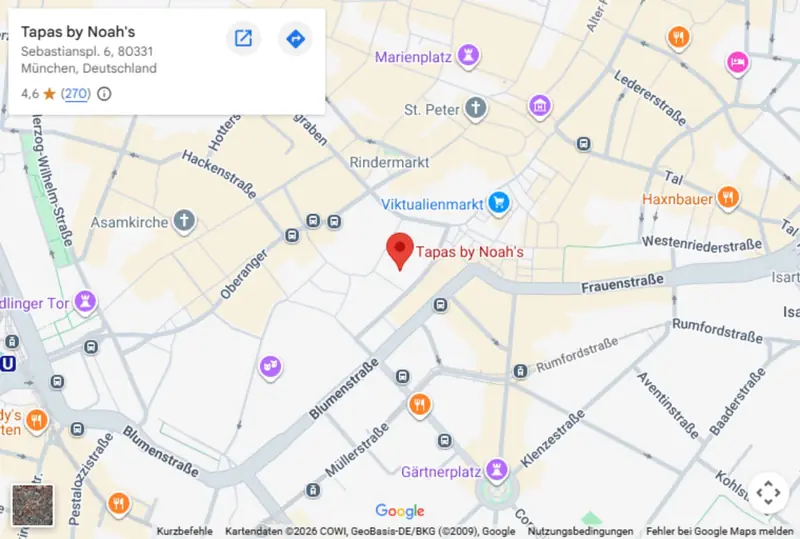 Karte: Tapas by Noah's, Sebastiansplatz 6, München – Klick für Route in Google Maps